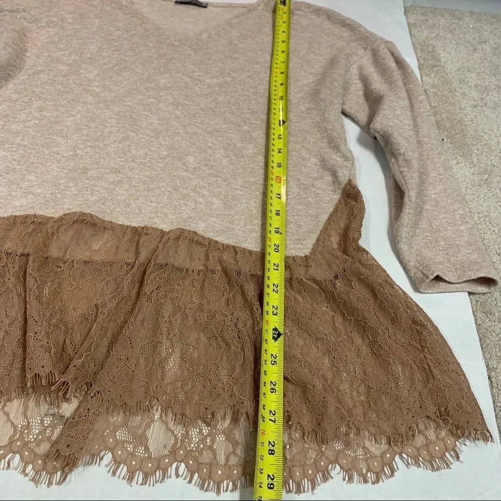 Zara dusty rose peach V-neck long sleeve sweater lace trim Sz M - Picture 8 of 9